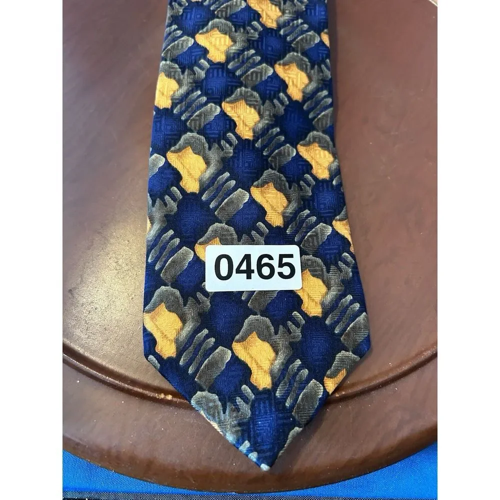 J Garcia Men's Blue Yellow Gray 100% Silk‎ Tie Geometric Necktie